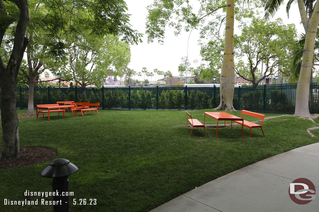 A few tables were out between the Adventure Tower and the walkway to Downtown Disney on the lawn.