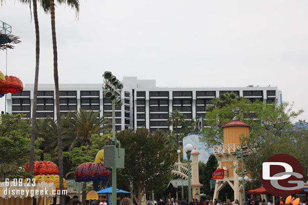 The Pixar Pier Hotel in the distance