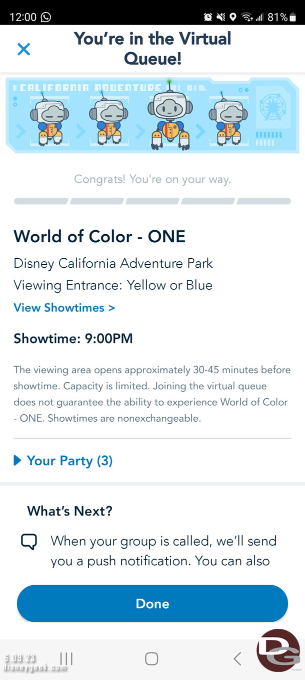 Secured a spot for World of Color this evening.