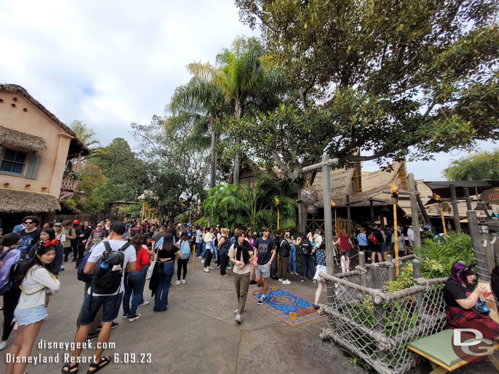 Hard to tell but the queue for Tropical Hideaway stretched out to the walkway then wrapped by the Tiki room exit a few times then back to the Jungle Cruise exit.