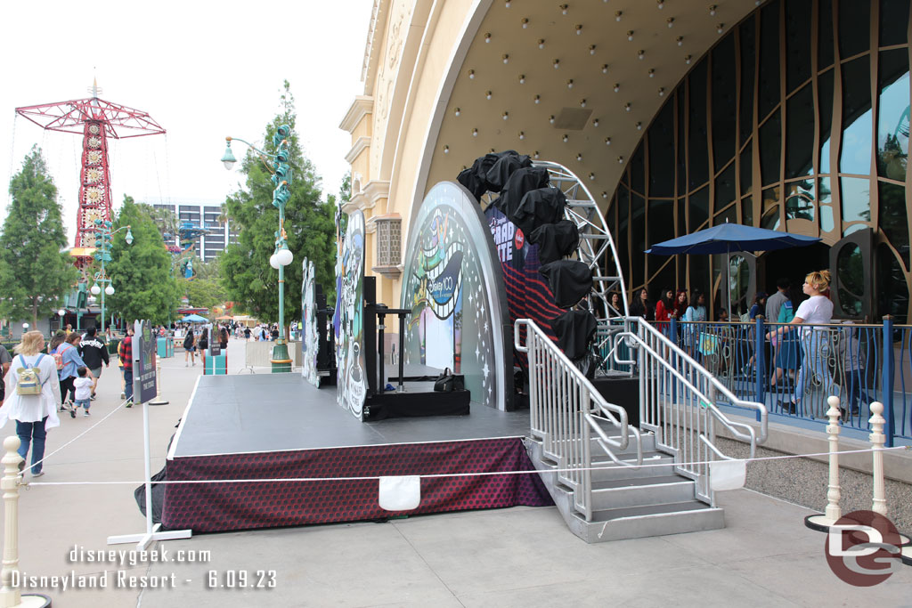 This was interesting to me.  The GradNite stage is left out all day but they cover it with a Disney100 photo op.