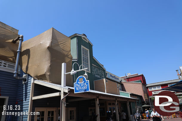 The scaffolding on this side of the Bakery building has been partially removed.