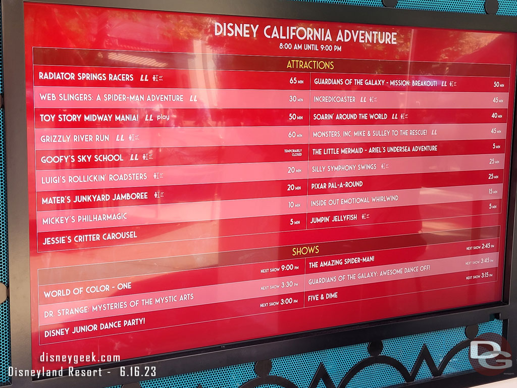 2:28pm - Disney California Adventure wait times