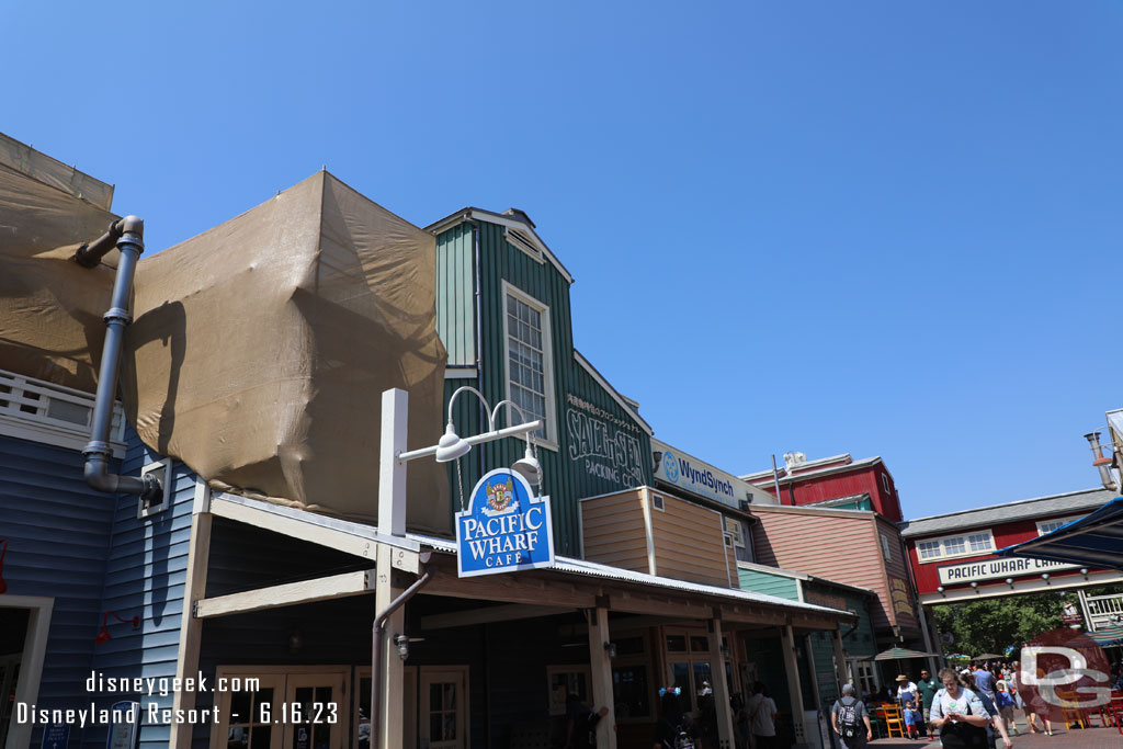 The scaffolding on this side of the Bakery building has been partially removed.