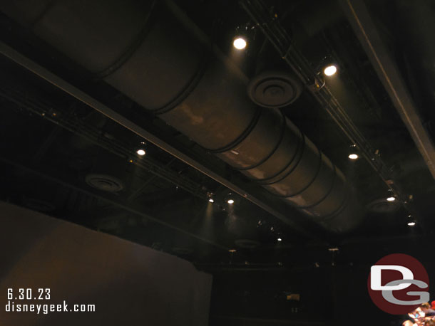 While waiting for the show to rest took a look around.  Looking up at the industrial look of the ceiling (compared to the more finished and themed look of the theaters in Tokyo)