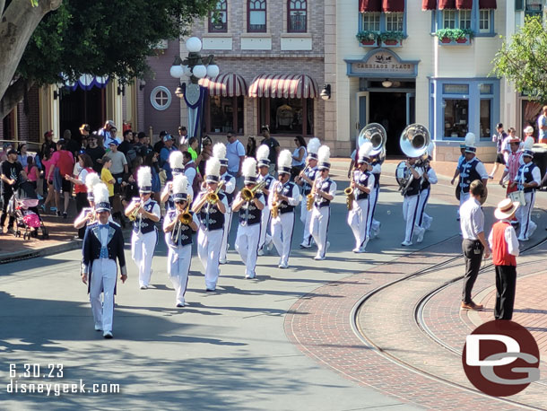 The Disneyland Band arriving for the nightly Flag Retreat in Town Square