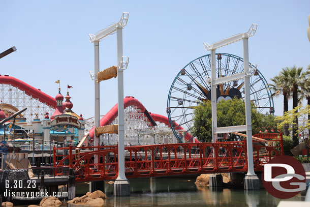 The two bridge towers are installed and elements are being added.