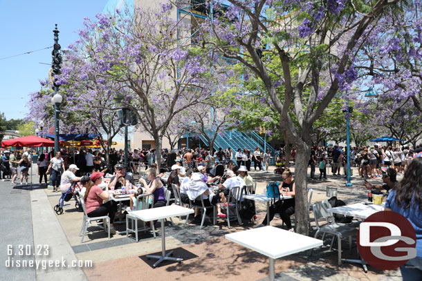 There are still a couple rows of tables near the Hyperion queue but not many and not much shade.