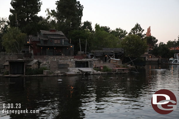 Crews were preparing the Rivers of America water screens for Wondrous Journeys projections this evening.