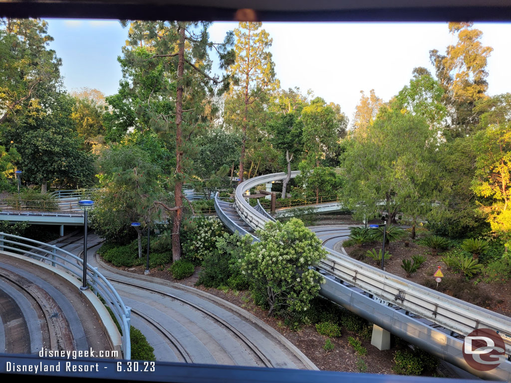 Our monorail stopped quickly here. After a minute or so pause we moved forward.  Heard a tree limb hitting the monorail as we passed by, maybe that is why we stopped in this spot.