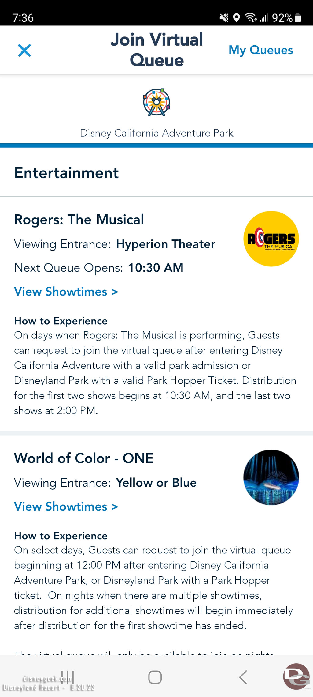 While waiting decided to try the virtual queue for the last two show of the day which opened at 2pm.  