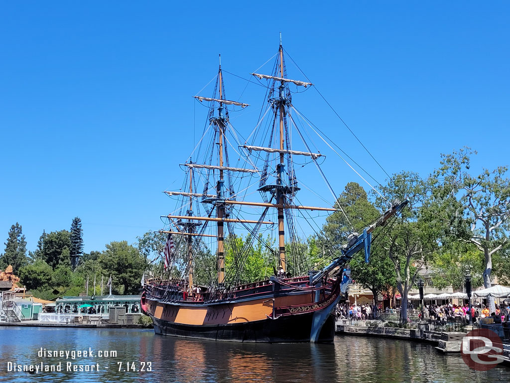 The Sailing Ship Columbia departing Frontierland. I walked over to board the Mark Twain and they roped off the top deck.  So I disembarked and continued on.