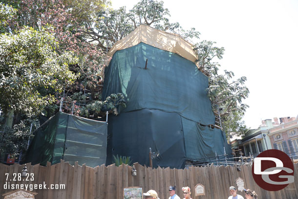 Walls and scaffolding still up at the Adventureland treehouse project.