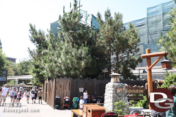 Walls and scaffolding up as they renovate the exterior of the Soarin' building.