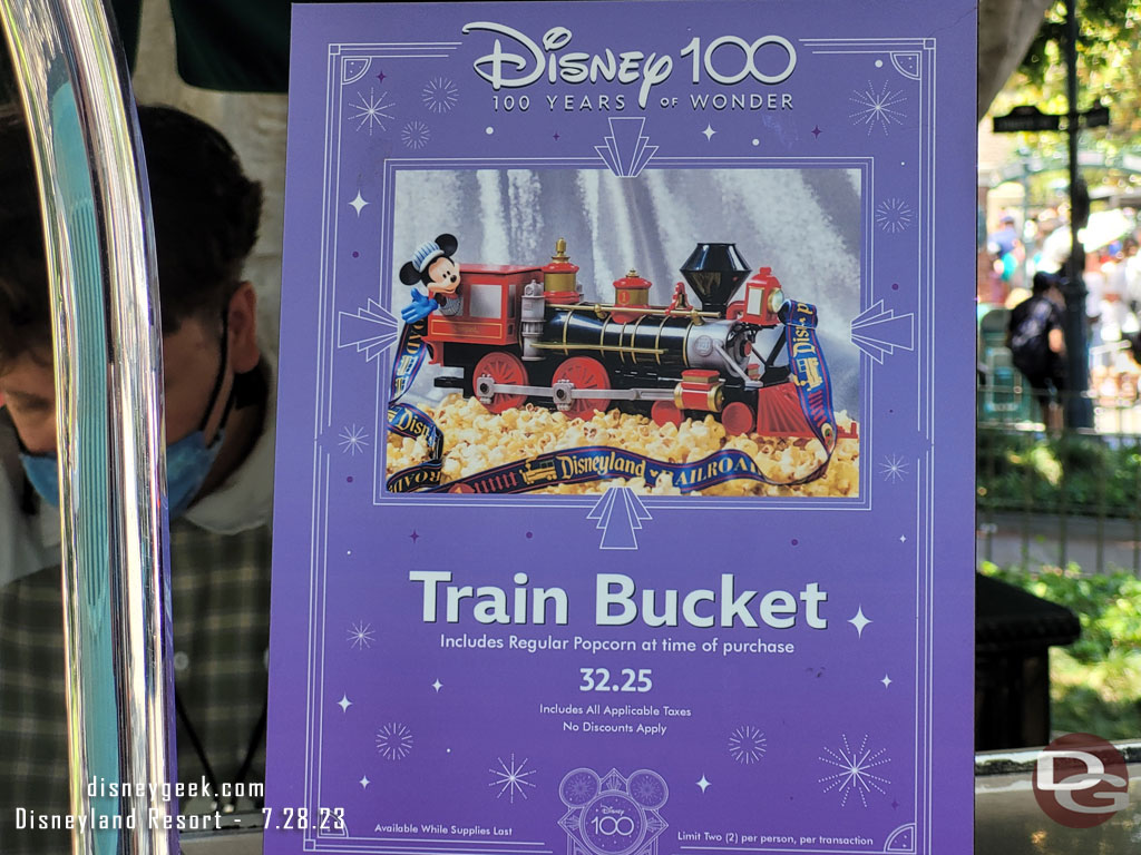 Nearby at the pop corn cart, Disneyland Train popcorn buckets are available for $32.25 each.