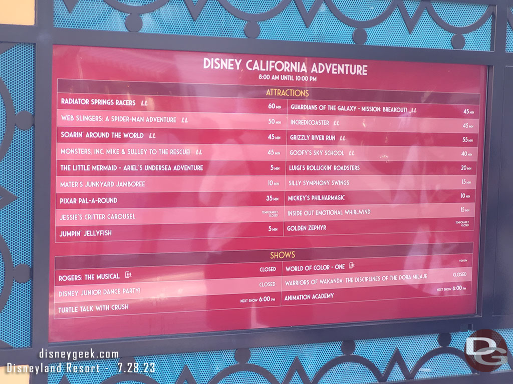 5:40pm - Disney California Adventure wait times