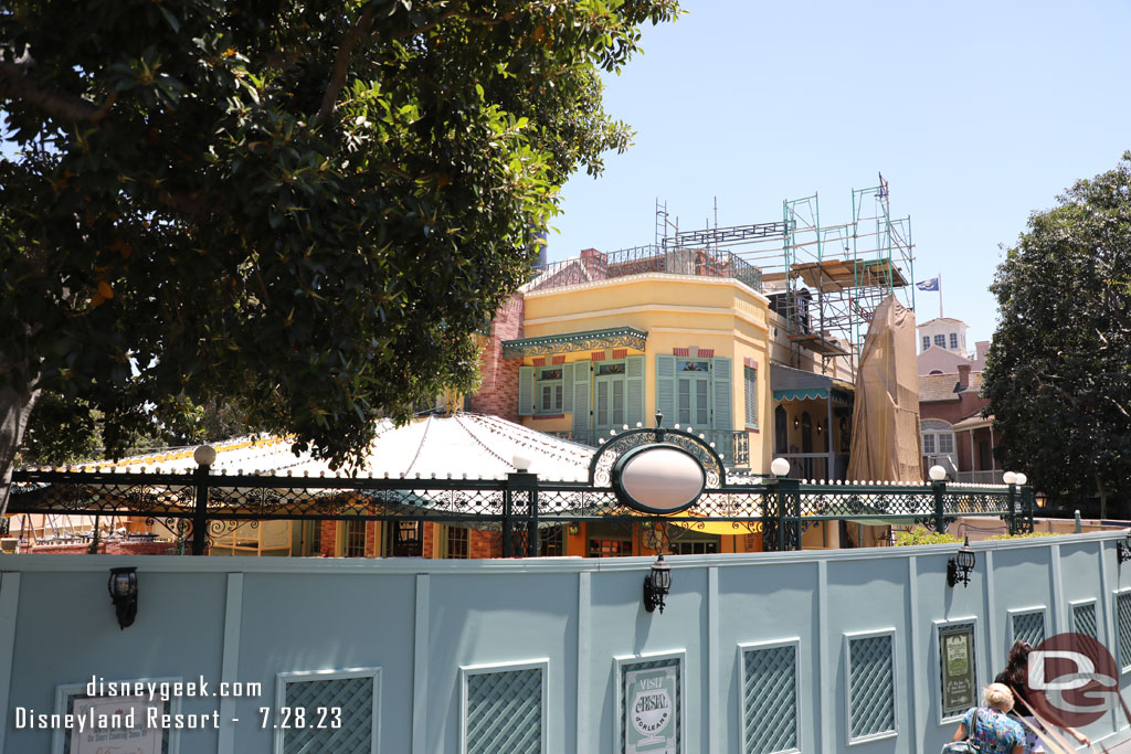 Scaffolding still provides access to the roof for crews finishing up the project