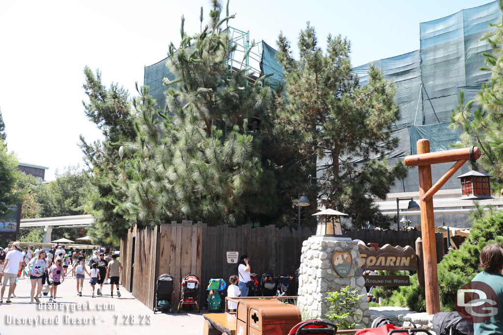 Walls and scaffolding up as they renovate the exterior of the Soarin