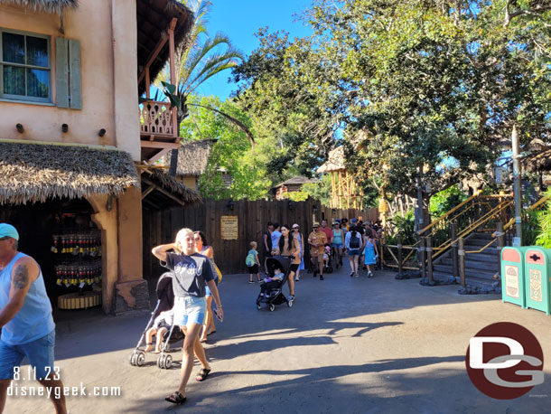 The pipe repair project continues in Adventureland. Walls are pushed out further and both restrooms plus the walkway to Frontierland are inaccessible.  Leaving only a narrow walkway to Main Street.