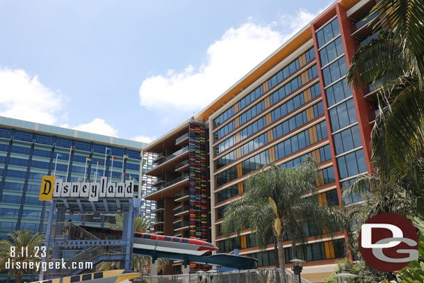 The Discovery Tower houses the Villas at the Disneyland Hotel. This tower opens in a little over a month, Sept 28th.  Finishing touches were being worked on.