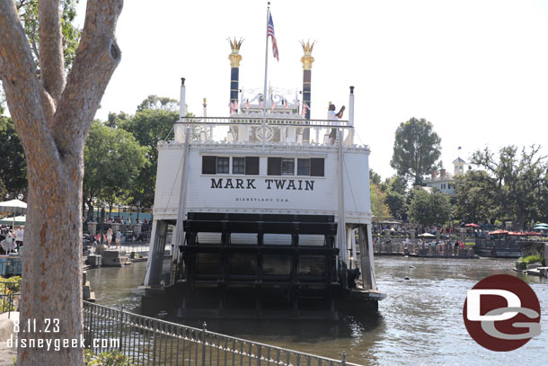 The Mark Twain pulled out of port then had to stop due to a Tom Sawyer Island Raft in the its way.