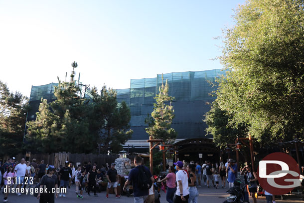 Renovation Work continues on the facade of Soarin'.  The attraction is open.