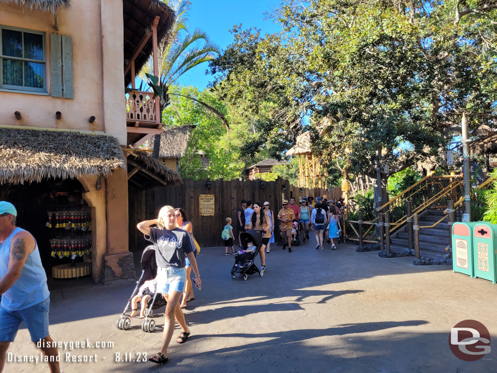 The pipe repair project continues in Adventureland. Walls are pushed out further and both restrooms plus the walkway to Frontierland are inaccessible.  Leaving only a narrow walkway to Main Street.