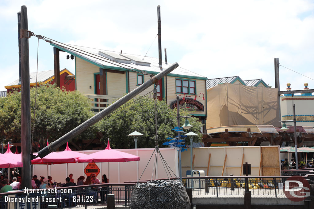 Scaffolding up over the far portion of the building now.