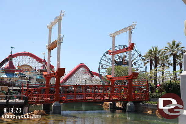 More of the bridge facade has been installed and a team was working on a section this afternoon.