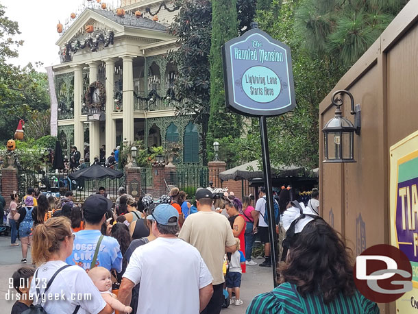 The end of the line was out by the Bayou Adventure construction walls leading up to the walkway and growing.