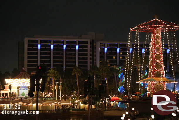 Some lights on the Paradise Pier Hotel.