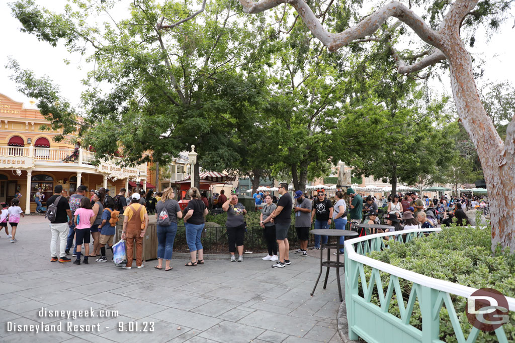 The popcorn line wrapped around the planter in Frontierland