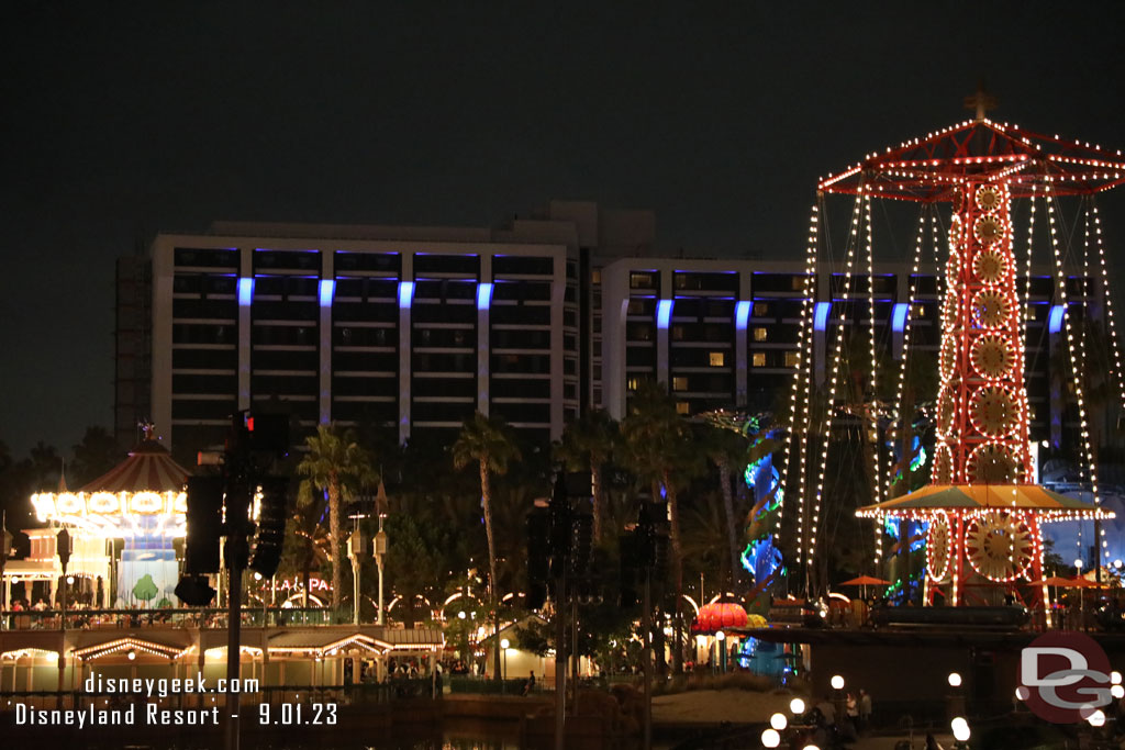 Some lights on the Paradise Pier Hotel.