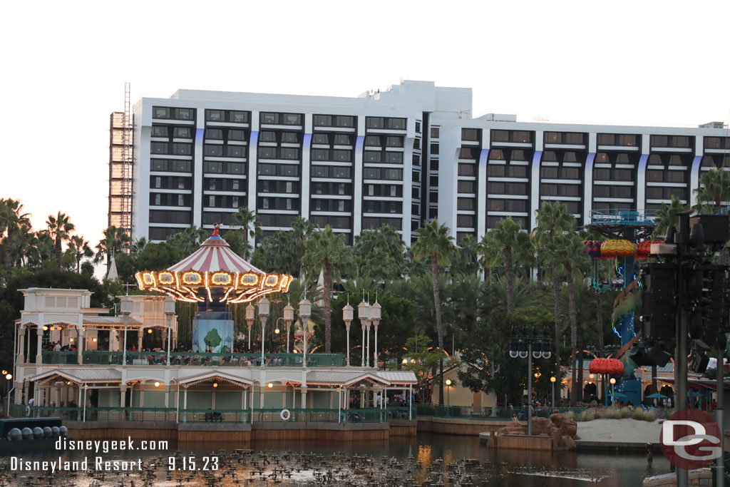 Work continues on the Pixar Place Hotel.  Windows are out on the middle floors now.