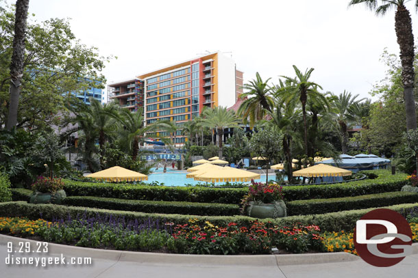 Looking out to the Discovery tower from the walkway to Downtown Disney