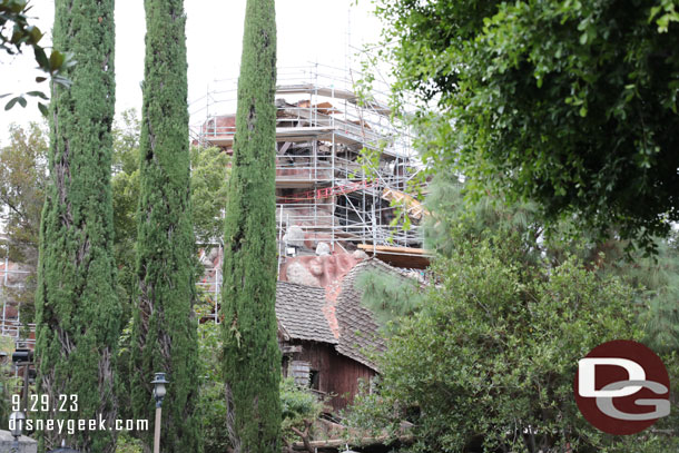 The front section of the facade at the top has been removed as work continues on Tiana's Bayou Adventure