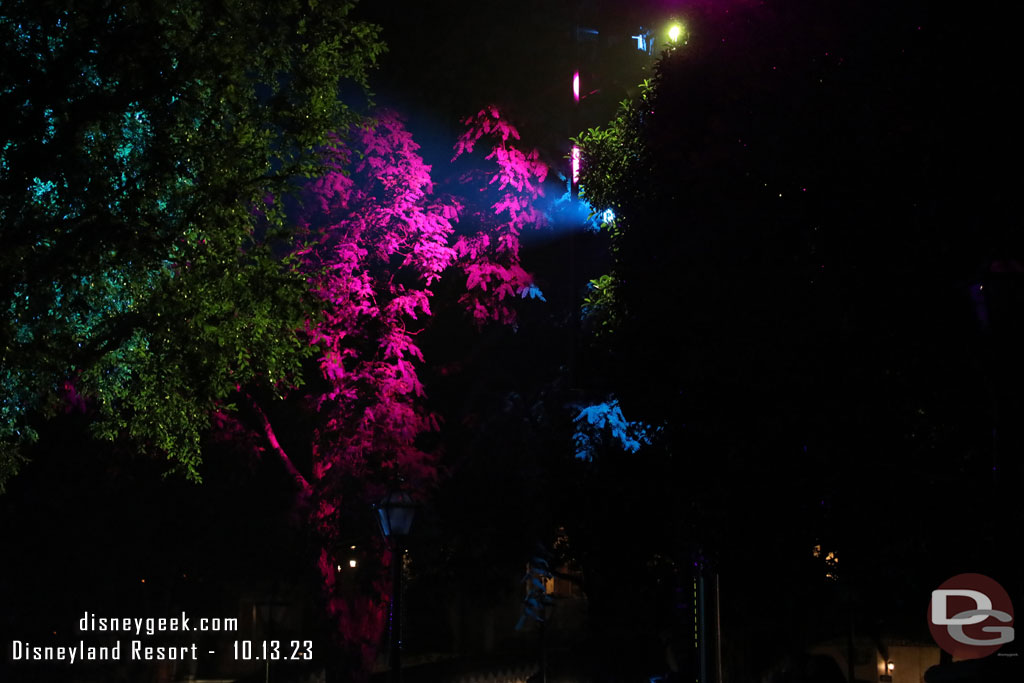 Lights on the trees around the Rivers of America during the show