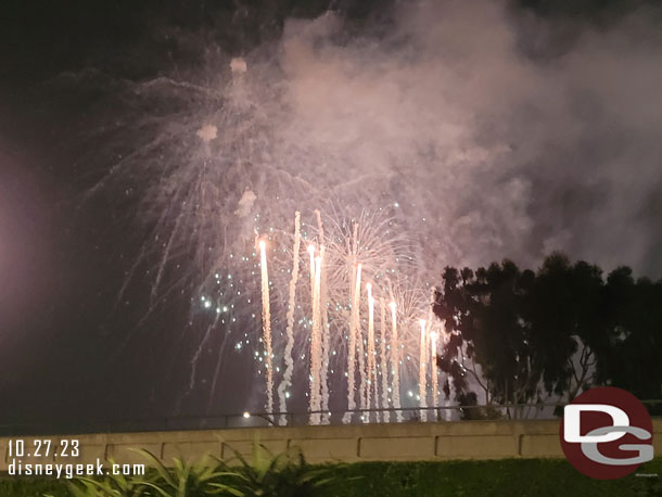 Halloween Screams Fireworks from the parking structure tram stop