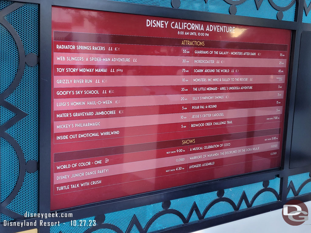 4:28pm - Disney California Adventure wait times