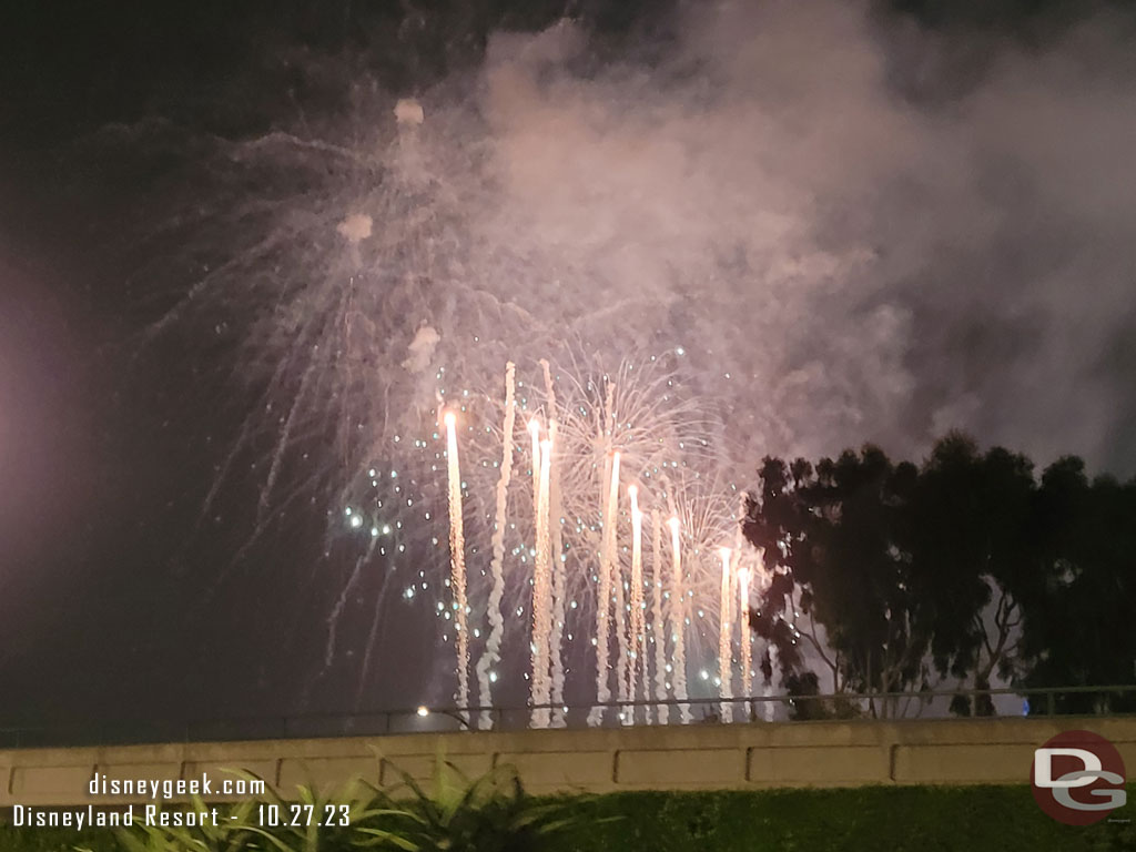 Halloween Screams Fireworks from the parking structure tram stop