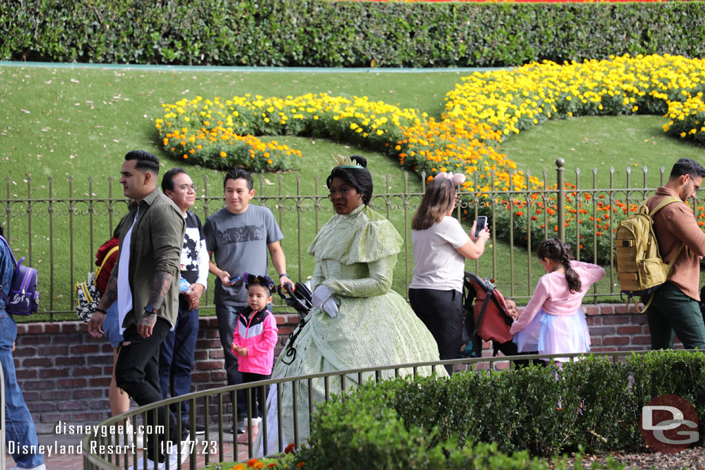 Tiana out greeting guests near the park entrance in her cold weather costume.  It was about 70.