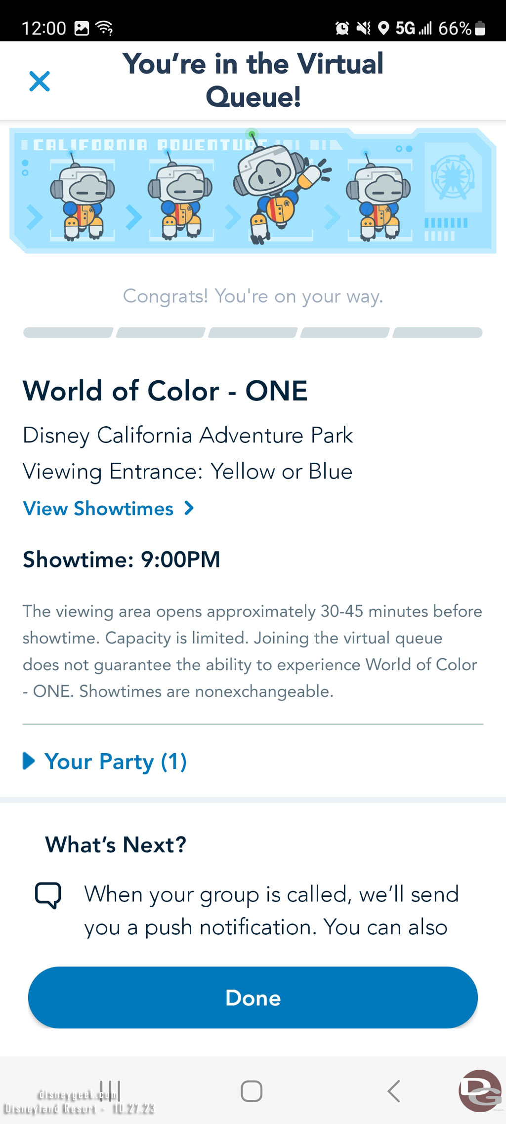 Was successful in picking up a virtual queue spot for World of Color - ONE this evening.