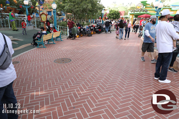 The turf walkway near the fountain in CenTOONial park is now bricks