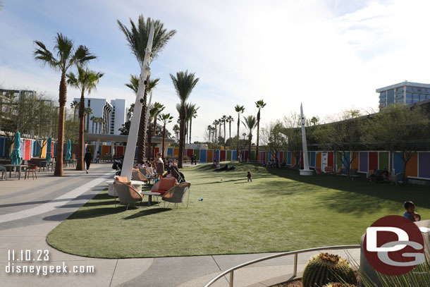 The new lawn area and walkway are open, the courtyard has construction walls on three sides right now.