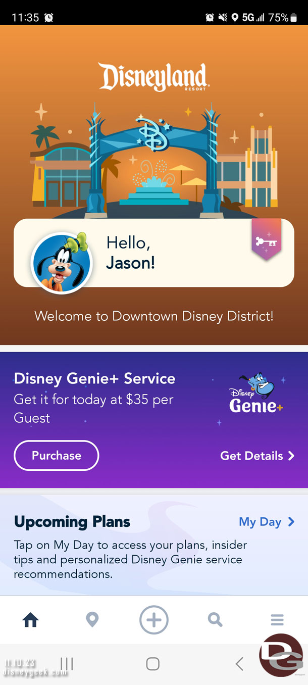 The Disneyland App thought I was in  Downtown Disney.. I know Critter Country is a far corner but still...   also note Genie+ is $35 today.