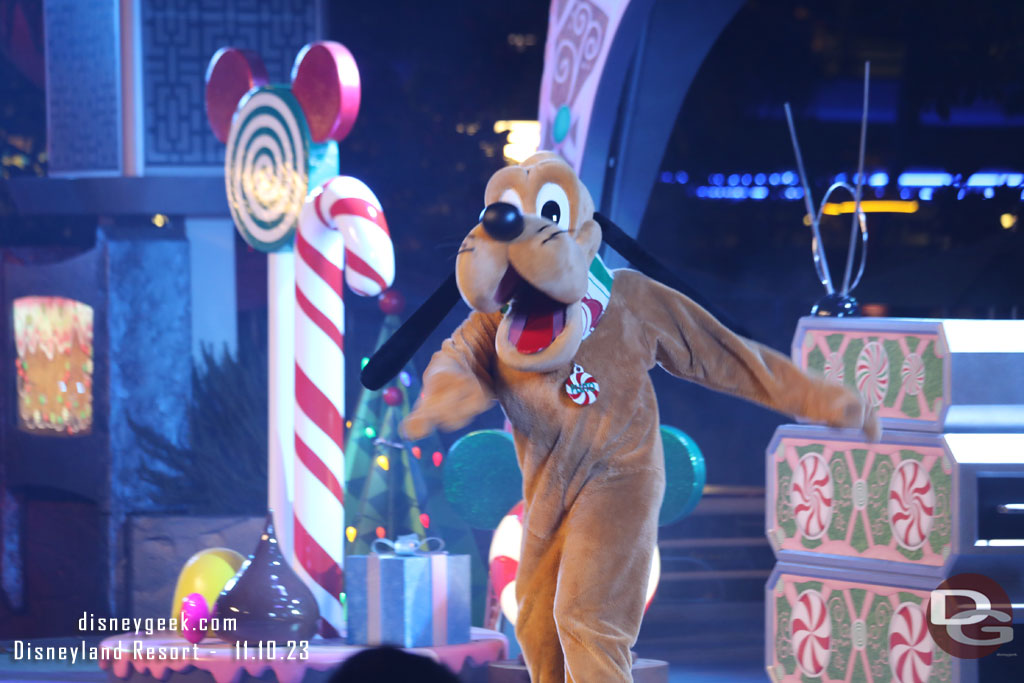 Pluto at the Disney Holiday Dance Party in Tomorrowland