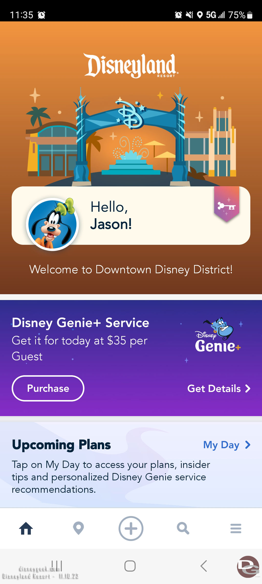 The Disneyland App thought I was in  Downtown Disney.. I know Critter Country is a far corner but still...   also note Genie+ is $35 today.