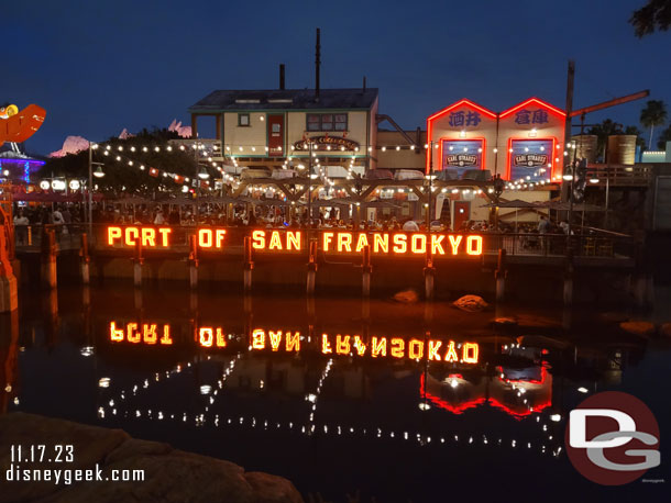 The Port of San Fransokyo sign at night (it was not lit my last visit)