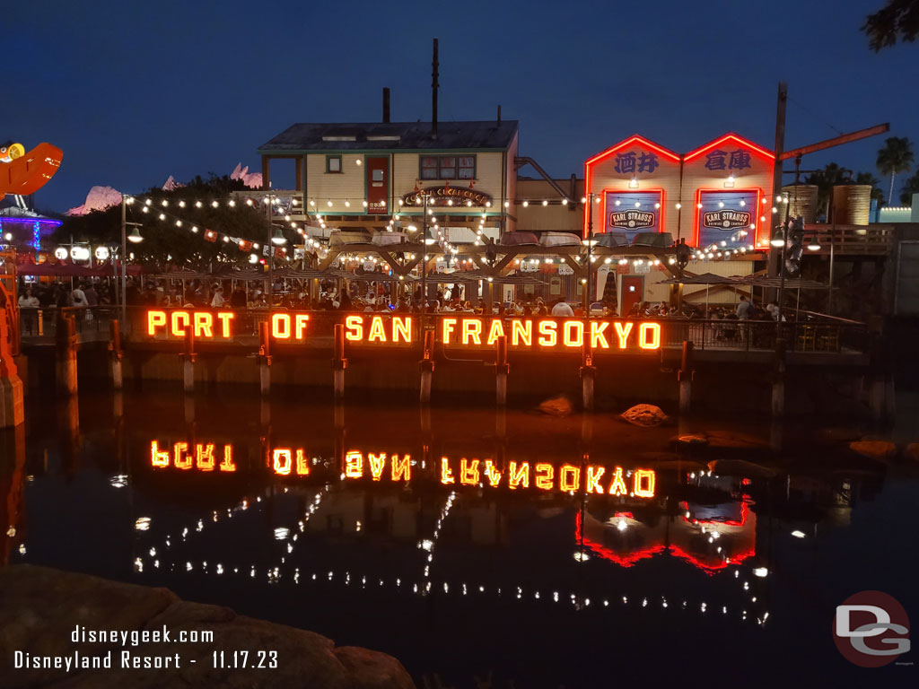 The Port of San Fransokyo sign at night (it was not lit my last visit)