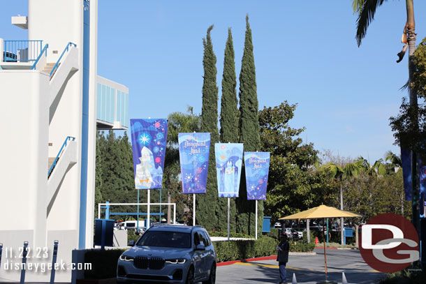 Banners line the driveway of the Disneyland Hotel